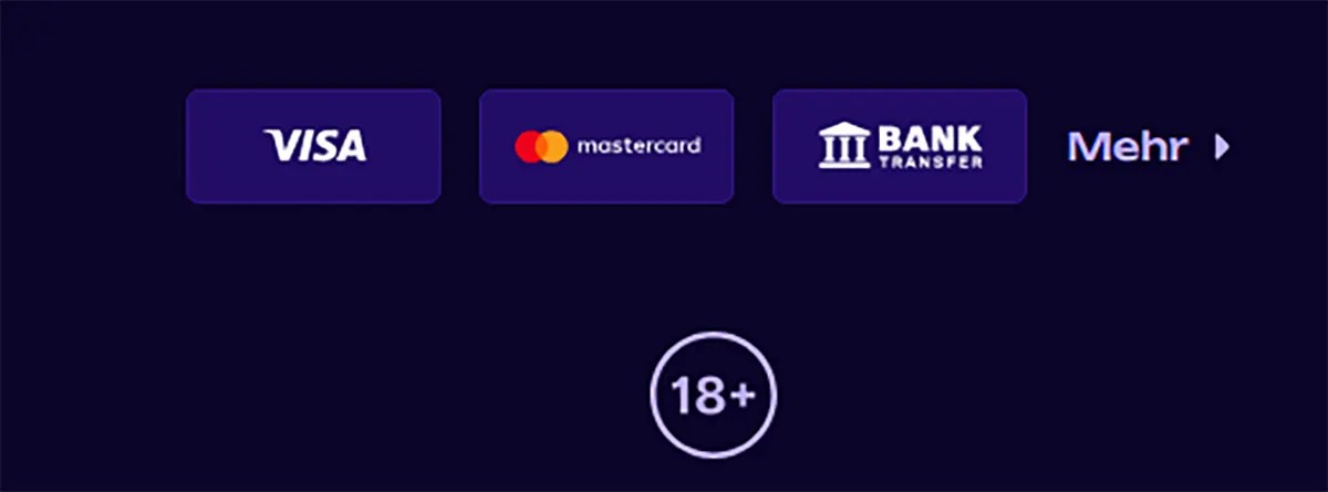 Payment methods section showing Visa, Mastercard, and bank transfer options with a “Mehr” (more) button and an 18+ age restriction icon on a dark background