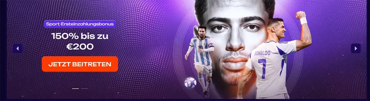 German sports welcome bonus banner showing 150% up to €200 with football players and a “Jetzt beitreten” (join now) call-to-action on a purple themed background