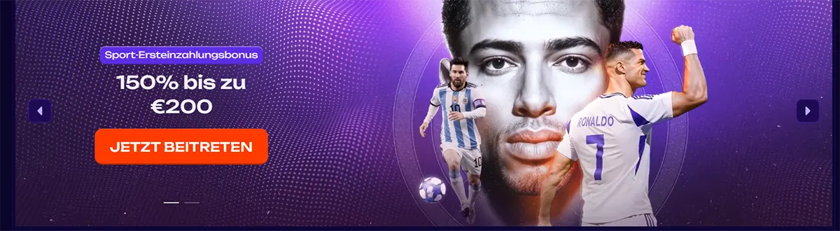German sports welcome bonus banner showing 150% up to €200 with football players and a “Jetzt beitreten” (join now) call-to-action on a purple themed background