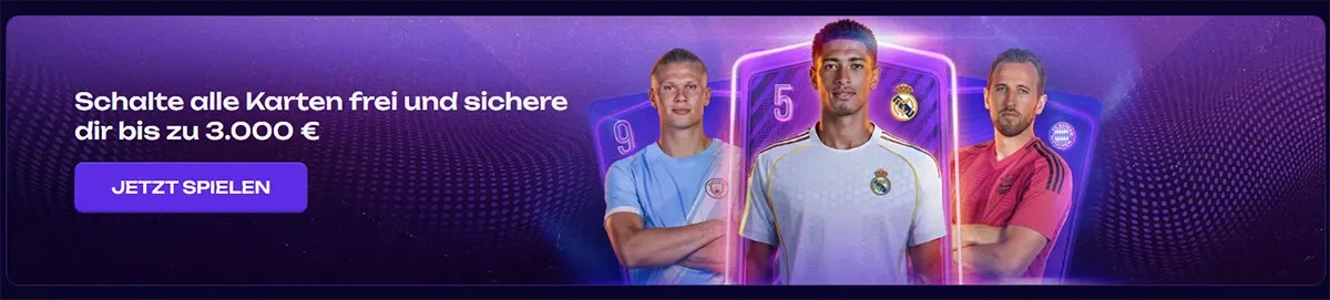 German promotional banner featuring football players and collectible cards with a call to action to unlock all cards and win up to €3,000 on a purple themed background