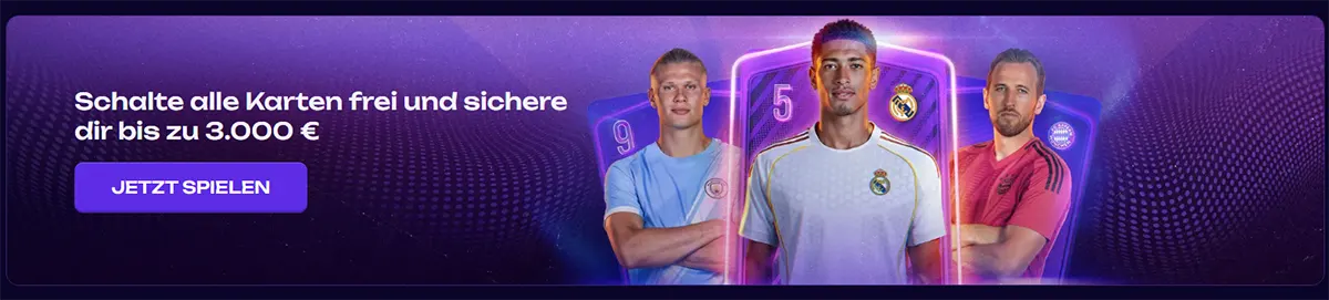 German promotional banner featuring football players and collectible cards with a call to action to unlock all cards and win up to €3,000 on a purple themed background