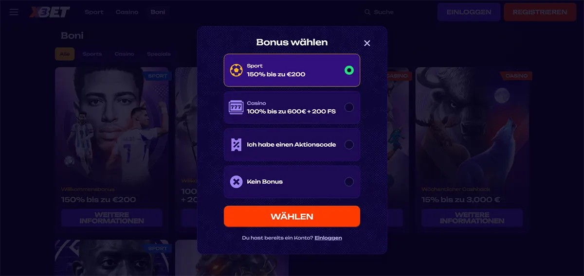German welcome bonus selection popup showing options for sports bonus 150% up to €200, casino bonus 100% up to €600 with 200 free spins, promo code entry, and no bonus choice on a dark themed betting website